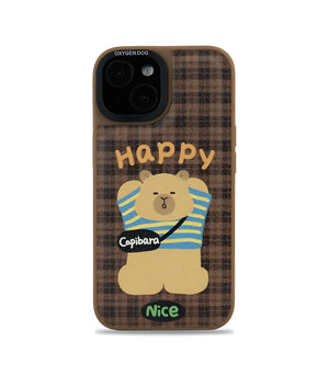 Bucksaa Happy Capibara Leather Phone Case Cover for iPhone 15