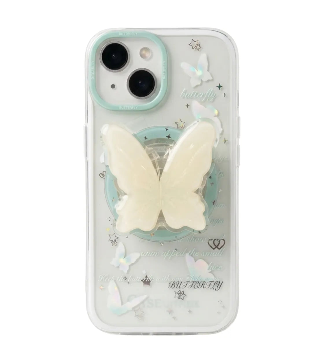 White & Mint Butterfly MagSafe Case Cover & PopGrip Duo for iPhone 15