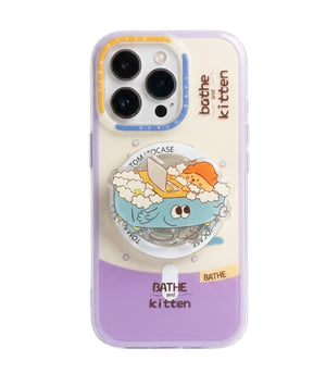 Purple & White Bathe Kitten iPhone MagSafe Case Cover & PopGrip Duo